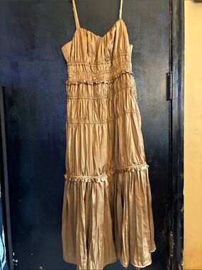 Anthropology Dress Forum Tiered Bronze/Gold Spaghetti Strap Maxi Dress M
